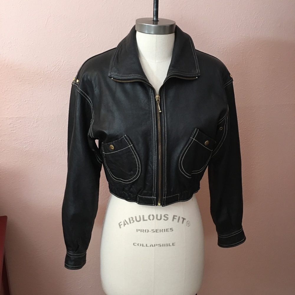 VTG Davenel Retro Cropped Black Leather Jacket Brass Studs
